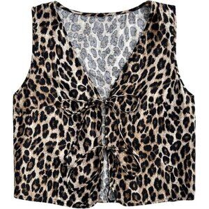 Women's Leopard Print Bow Tie Front Vest Sleeveless V Neck Crop Tank Top